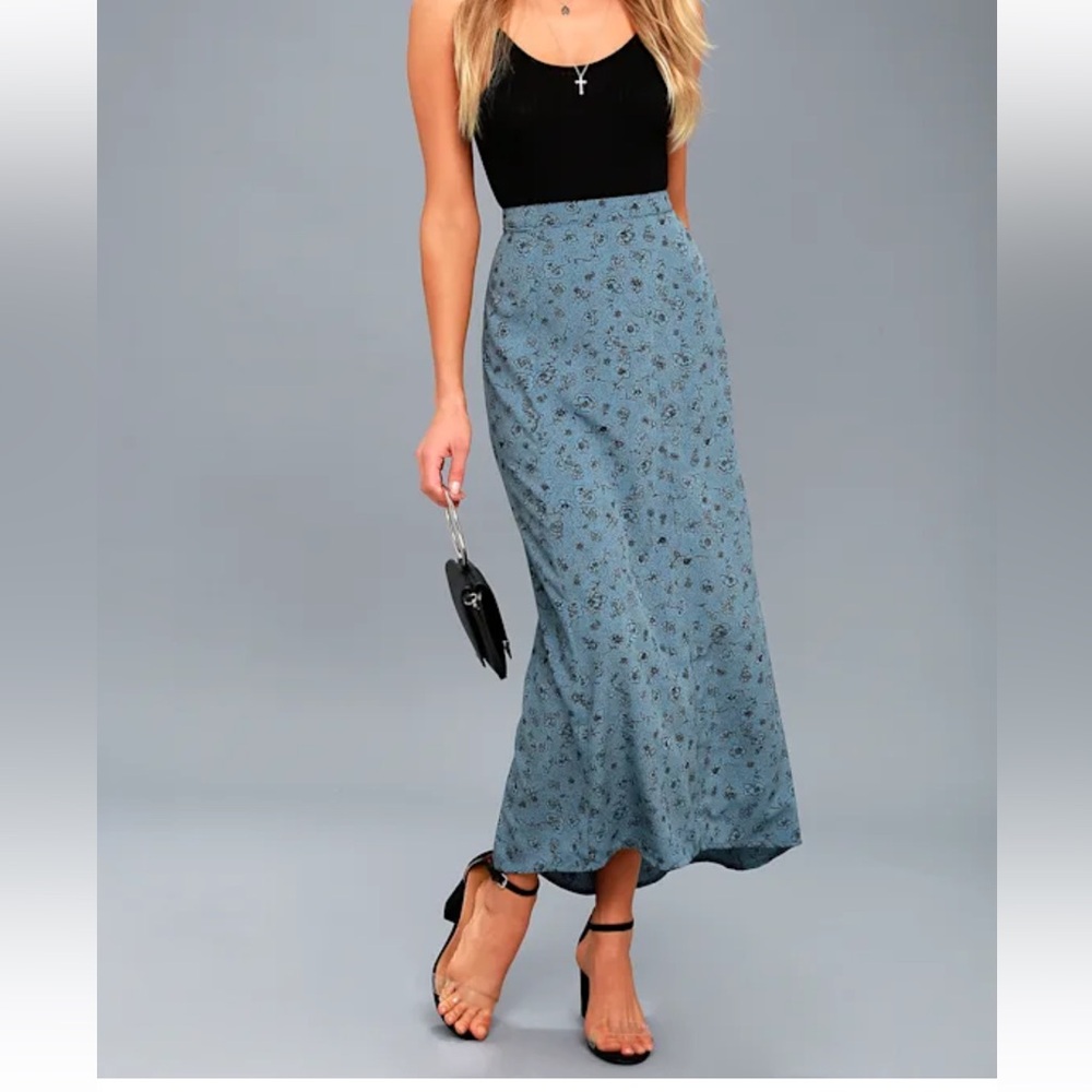 Slate blue floral print maxi skirt